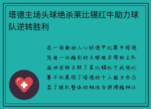 塔德主场头球绝杀莱比锡红牛助力球队逆转胜利